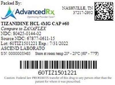Tizanidine HCl 4mg Cap Qty 60 Ndc 80425 0144